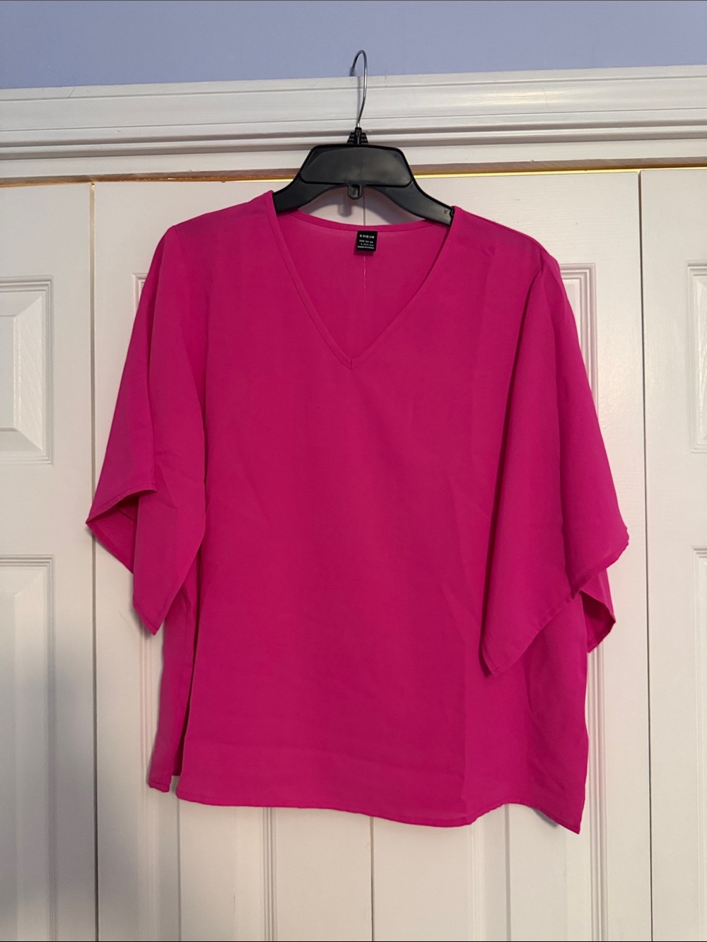 SHEIN Hot Pink V-Neck Flutter Sleeve Blouse